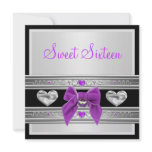 Sweet 16 Sixteen Birthday White Black Purple Bow invitations
