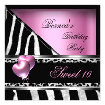 Sweet 16 Sixteen Pink Balloons Zebra Leopard Invitations