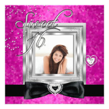 Sweet 16 Sweet Sixteen Hot Pink Black Photo Custom Invitations