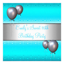 Sweet 16th Aqua Silver Balloon Birthday Party Personalized Announcement