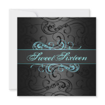 Sweet 16th Blue & Black Swirl Birthday Invitation