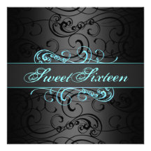 Sweet 16th Blue & Black Swirl Birthday Invitation