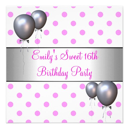 Sweet 16th Pink Silver Balloon Birthday Party Custom Invitations