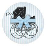 Sweet Blue Vintage Baby Carriage Pram and Bow Stickers