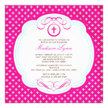 Sweet Cross Pink Baby Girl Baptism Invitation
