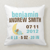 Sweet Dreams Baby Bear Birth Announcement {blue} Throw Pillows
