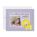 Sweet Gingham Lion Birth Announcement (lavender)