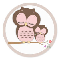 Sweet Little Mama & Baby Owl on a Branch Round Stickers