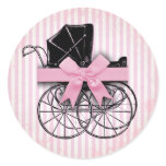 Sweet Pink Vintage Baby Carriage Pram and Bow Round Stickers