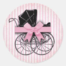 Sweet Pink Vintage Baby Carriage Pram and Bow Round Stickers
