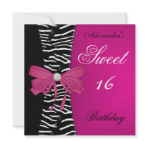 Sweet Sixteen 16 16th Bright Pink Zebra Black Bow Announcement