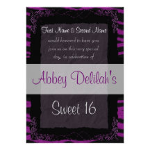 Sweet Sixteen 16  Birthday Puple Zebra Print Announcements