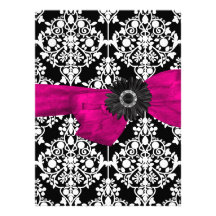 Sweet Sixteen 16 Damask Black White Pink Flower Announcement