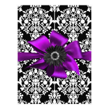 Sweet Sixteen 16 Damask Black White Purple Flower Announcements