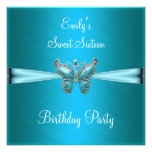 Sweet Sixteen 16 Teal Blue Butterfly Birthday Announcements