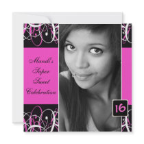 Sweet Sixteen Black and Pink Swirl Birthday Invite