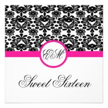 sweet sixteen party invite black pink chic damask