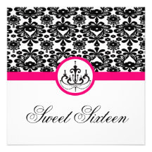 sweet sixteen party invite black pink chic damask