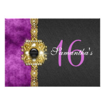 "sweet sixteen" purple black 16 birthday announcements