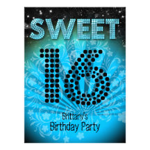 Sweet Sixteen Sweet 16 Party Blue Teal Black Personalized Invitations