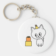 Sweet White Kitten Wearing a Birthday Hat. Key Chains