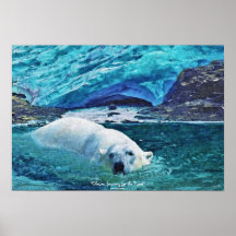 Swimming Polar Bear & Glacier Wildlife Art Poster