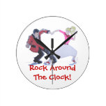 swing dancer with poodle skirt and saddle shoes round clocks