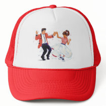 swing dancer with poodle skirt and saddle shoes hats