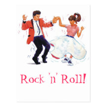 swing dancer with poodle skirt and saddle shoes post card