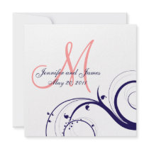 Swirl Wedding Invitations Navy Blue Coral Pink