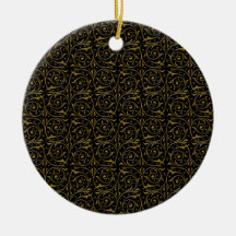 Swirly Floral Vines Pattern in Gold over Black Christmas Ornament