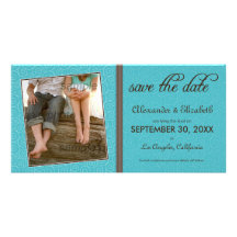 Swirly-Q Aqua/Brown Save the Date Announcement Personalized Photo Card