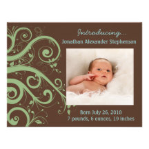 Swirly Vines Green & Brown Baby Boy Photo Birth Custom Invite