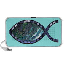 Symbole chrétien rayonnant de poissons haut-parleur notebook