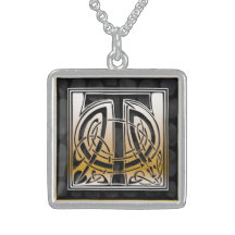 T Initial Monogram "Celtic Black Stone" Necklaces