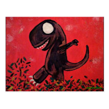 T-rex plays in the leaves postcards