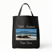 Table mountain with fishing boats tote bags