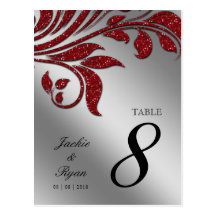 Table Number Postcard Red Sparkle Leaf xmas