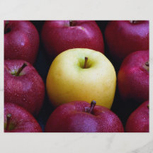 Table top of nine apples, yellow and red flyers