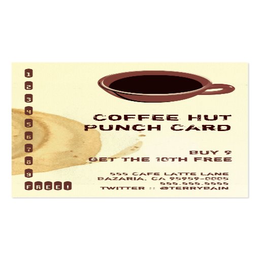 Tache de café et carte perforée de boissons de tas carte de visite
