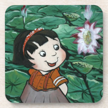 Taiwanese girl in lily pond beverage coasters