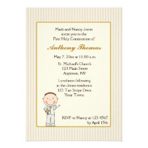 Tan Stripe, Little Boy Communion Invitation