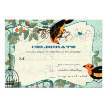Tangerine Yellow & Black Art Deco Inspired Birds Personalized Invitation