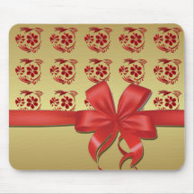 Tapis de souris colibri et noeud rouge or