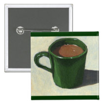 TASSE DE CAFÉ VERTE : PEINTURE IMPRESSIONNISTE BADGE AVEC ÉPINGLE
