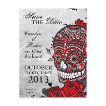 Tattoo Roses and Sugar Skull Save the Date Postcards