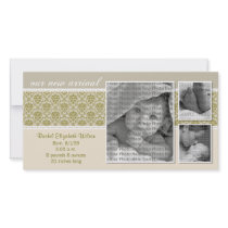 {TBA} 8x4 Taupe Baroque 3-Photo Birth Announcement Photo Greeting Card