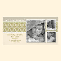 {TBA} 8x4 Taupe Baroque 3-Photo Birth Announcement photo cards