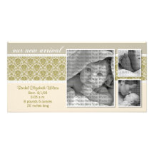 {TBA} 8x4 Taupe Baroque 3-Photo Birth Announcement Photo Greeting Card