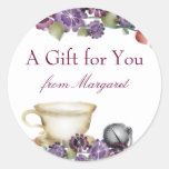 tea brewing ball teacup flowers gift tag sticke... round sticker